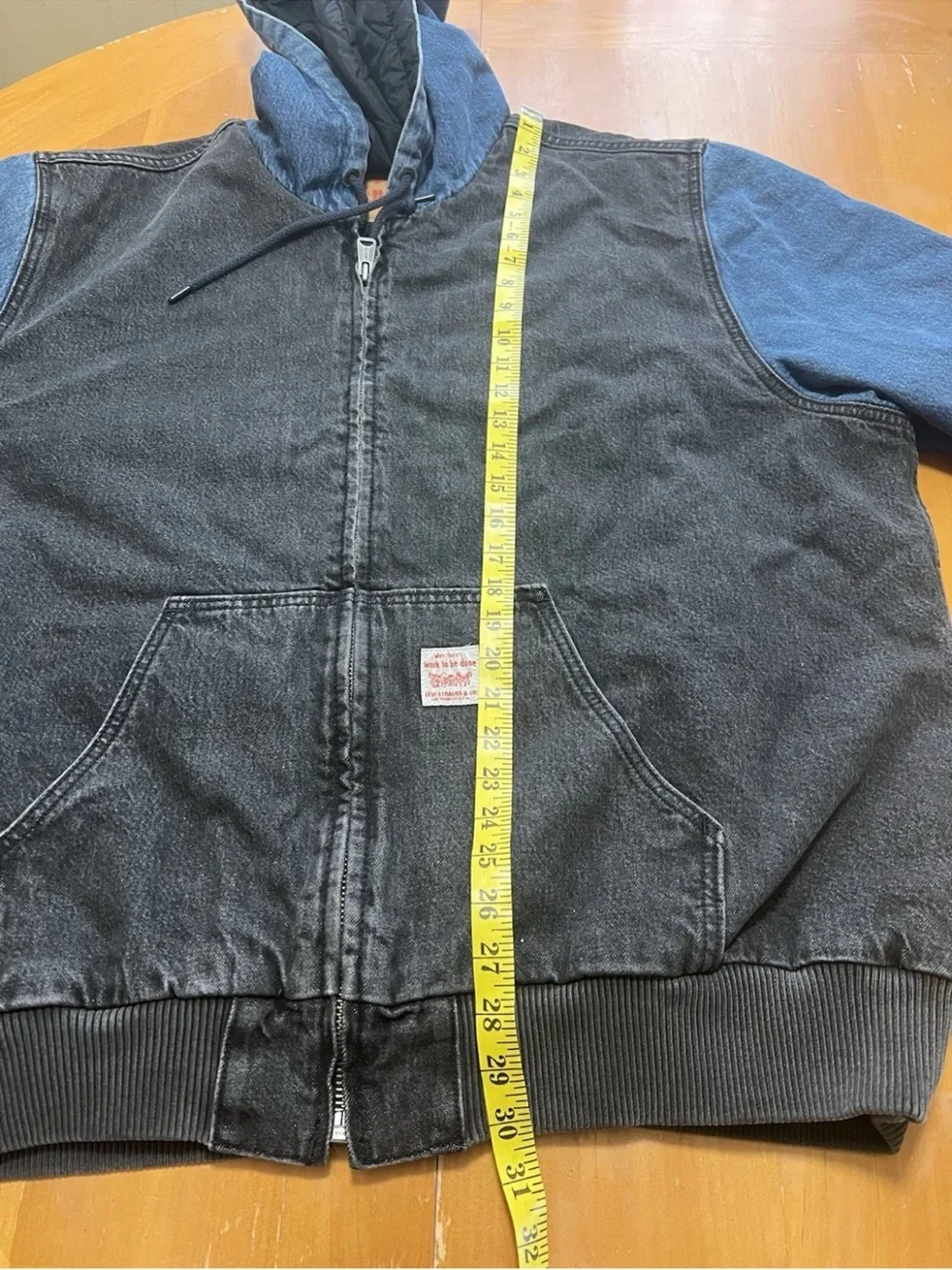 Levi’s Potrero Hood Denim Jacket Men XL Colorblock Black Blue Quilted Irregular